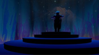 Movie still from “Fantasia 2000” (1999), directed by Eric Goldberg – A man standing on a stage in front of a crowd; Extreme Wide shot, Low angle