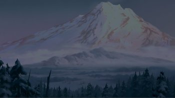 Movie still from “Fantasia 2000” (1999), directed by Eric Goldberg – A painting of a snowy mountain with trees in the foreground; Extreme Wide shot, High angle