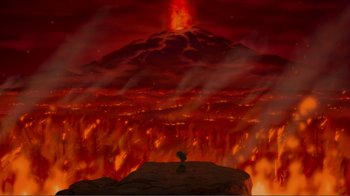 Movie still from “Fantasia 2000” (1999), directed by Eric Goldberg – An image of an erupting volcano in the middle of the night; Extreme Wide shot, High angle