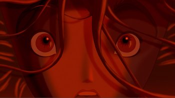 Movie still from “Fantasia 2000” (1999), directed by Eric Goldberg – A woman's face with red eyes; Extreme Close Up shot, Low angle