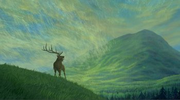 Movie still from “Fantasia 2000” (1999), directed by Eric Goldberg – A painting of an elk standing on top of a hill; Extreme Wide shot, Low angle
