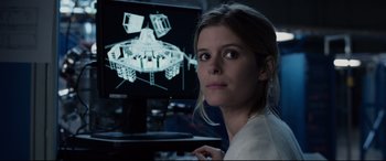 Movie still from “Fantastic Four” (2015), directed by Josh Trank – A woman sitting in front of a computer monitor; Close Up shot, Over the shoulder angle