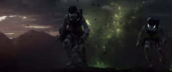Movie still from “Fantastic Four” (2015), directed by Josh Trank – An image of a man in a space suit; Wide shot, Low angle
