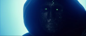 Movie still from “Fantastic Four” (2015), directed by Josh Trank – The eyes of a person wearing a hood; Extreme Close Up shot, Low angle