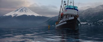 Movie still from “Fantastic Four: Rise of the Silver Surfer” (2007), directed by Tim Story – A boat in the water near a body of water; Extreme Wide shot, Low angle