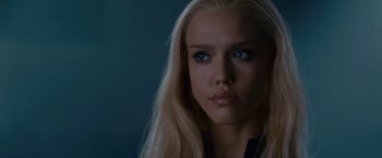 Movie still from “Fantastic Four: Rise of the Silver Surfer” (2007), directed by Tim Story – A beautiful young lady with long blonde hair; Close Up shot, Over the shoulder angle