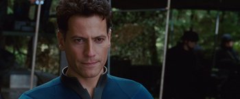 Movie still from “Fantastic Four: Rise of the Silver Surfer” (2007), directed by Tim Story – A person wearing a blue shirt; Close Up shot, Low angle