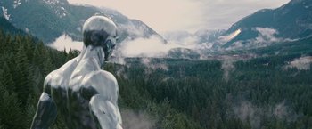 Movie still from “Fantastic Four: Rise of the Silver Surfer” (2007), directed by Tim Story – An image of a man standing on top of a mountain; Extreme Wide shot, Low angle