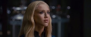Movie still from “Fantastic Four: Rise of the Silver Surfer” (2007), directed by Tim Story – A woman with blonde hair and blue eyes; Close Up shot, Over the shoulder angle
