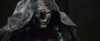 Movie still from “Fantastic Four: Rise of the Silver Surfer” (2007), directed by Tim Story – The face of a man wearing a helmet; Close Up shot, Low angle