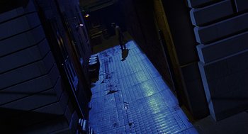 Movie still from “Far from Heaven” (2002), directed by Todd Haynes – A person walking down a street at night; Extreme Wide shot, High angle