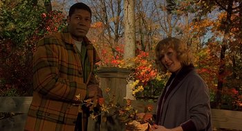 Movie still from “Far from Heaven” (2002), directed by Todd Haynes – A man and a woman standing next to each other holding leaves; Medium shot, Over the shoulder angle