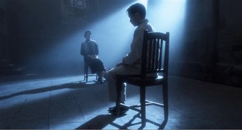 Movie still from “Farewell My Concubine” (1992), directed by Kaige Chen – Two people sitting on a chair in a dimly - lit room; Wide shot, Over the shoulder angle