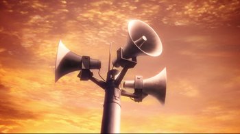 Movie still from “Fate/stay night [Heaven's Feel] I. presage flower” (2017), directed by Tomonori Sudô – A group of speakers sitting on top of a metal pole; Extreme Wide shot, Low angle