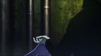 Movie still from “Fate/stay night [Heaven's Feel] I. presage flower” (2017), directed by Tomonori Sudô – A person wearing a white glove sitting on a chair; Medium shot, Over the shoulder angle