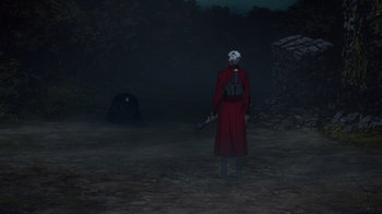 Movie still from “Fate/stay night [Heaven's Feel] II. lost butterfly” (2019), directed by Tomonori Sudô – A man in a long red coat holding a knife; Extreme Wide shot, High angle