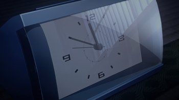 Movie still from “Fate/stay night [Heaven's Feel] II. lost butterfly” (2019), directed by Tomonori Sudô – A clock showing the time of 1 1 : 5 5; Extreme Close Up shot, High angle