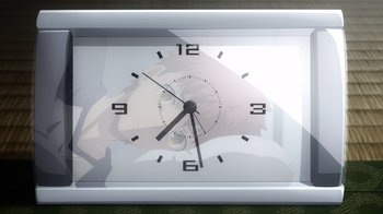 Movie still from “Fate/stay night [Heaven's Feel] II. lost butterfly” (2019), directed by Tomonori Sudô – A clock with a picture of a woman's face on it's face; Extreme Close Up shot, Overhead angle