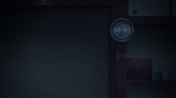 Movie still from “Fate/stay night [Heaven's Feel] II. lost butterfly” (2019), directed by Tomonori Sudô – A clock on the wall in a dark room; Extreme Wide shot, High angle