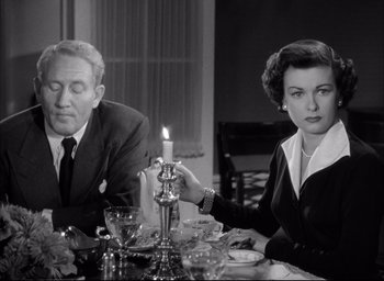Movie still from “Father of the Bride” (1950), directed by Vincente Minnelli – An older man and woman sitting at a table with a lit candle; Medium shot, Over the shoulder angle