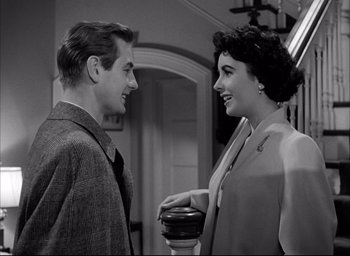 Movie still from “Father of the Bride” (1950), directed by Vincente Minnelli – A man and a woman talking to each other; Medium shot, Over the shoulder angle