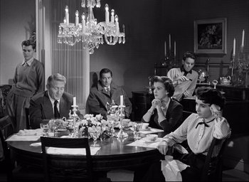 Movie still from “Father of the Bride” (1950), directed by Vincente Minnelli – A group of people sitting around a dinner table; Wide shot, High angle