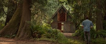 Movie still from “The Shack” (2017), directed by Stuart Hazeldine – An old barn in the middle of a forest; Extreme Wide shot, Low angle