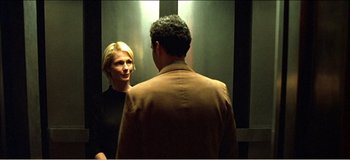 Movie still from “Fear X” (2003), directed by Nicolas Winding Refn – A man and a woman in front of each other in front of a mirror; Medium shot, Over the shoulder angle