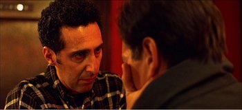 Movie still from “Fear X” (2003), directed by Nicolas Winding Refn – Two men are talking to each other in a room; Close Up shot, Over the shoulder angle