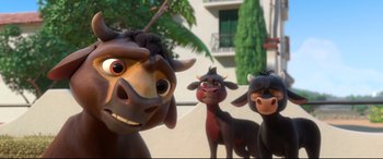 Movie still from “Ferdinand” (2017), directed by Carlos Saldanha – View of three cartoon characters; Medium shot, High angle