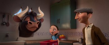 Movie still from “Ferdinand” (2017), directed by Carlos Saldanha – A woman and two men in a kitchen with a cow in the background; Medium shot, Over the shoulder angle