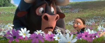 Movie still from “Ferdinand” (2017), directed by Carlos Saldanha – A cow is looking at a mouse in a field of flowers; Medium shot, High angle