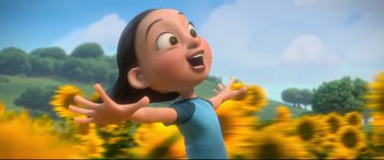 Movie still from “Ferdinand” (2017), directed by Carlos Saldanha – A cartoon of a girl in a blue shirt with arms outstreched; Medium shot, Low angle