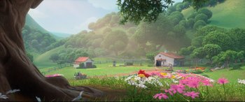 Movie still from “Ferdinand” (2017), directed by Carlos Saldanha – An image of a farm scene with flowers in the foreground; Extreme Wide shot, Low angle