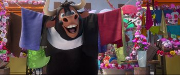 Movie still from “Ferdinand” (2017), directed by Carlos Saldanha – A cartoon character dressed as a bull; Medium shot, Low angle