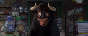 Movie still from “Ferdinand” (2017), directed by Carlos Saldanha – An animated bull with horns and a large face; Close Up shot, High angle