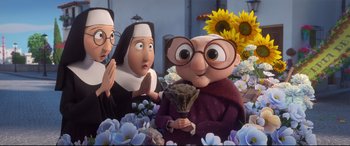 Movie still from “Ferdinand” (2017), directed by Carlos Saldanha – A group of nuns standing next to each other in a field; Medium shot, High angle