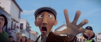 Movie still from “Ferdinand” (2017), directed by Carlos Saldanha – An animated character is making a peace sign with his hand; Close Up shot, Low angle