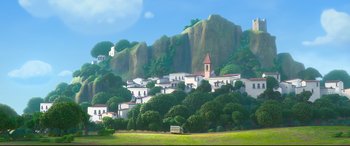 Movie still from “Ferdinand” (2017), directed by Carlos Saldanha – A painting of a small town on a hillside; Extreme Wide shot, Low angle