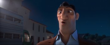 Movie still from “Ferdinand” (2017), directed by Carlos Saldanha – An image of an animated character looking surprised; Close Up shot, Over the shoulder angle