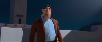 Movie still from “Ferdinand” (2017), directed by Carlos Saldanha – An animated man wearing a brown jacket and a blue shirt; Medium shot, Low angle
