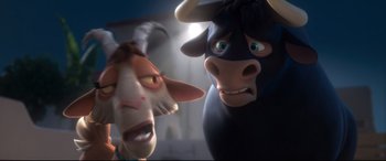 Movie still from “Ferdinand” (2017), directed by Carlos Saldanha – A goat and a bull are standing next to each other; Close Up shot, Low angle