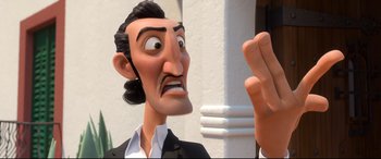 Movie still from “Ferdinand” (2017), directed by Carlos Saldanha – An animated man in a black suit and white shirt; Close Up shot, Low angle