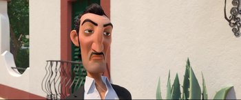 Movie still from “Ferdinand” (2017), directed by Carlos Saldanha – An animated man in a black suit and white shirt; Close Up shot, Low angle