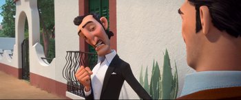 Movie still from “Ferdinand” (2017), directed by Carlos Saldanha – A cartoon of a man in a suit holding a fork; Close Up shot, Low angle