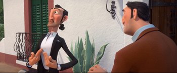 Movie still from “Ferdinand” (2017), directed by Carlos Saldanha – A cartoon of a man and a woman talking to each other; Medium shot, Over the shoulder angle