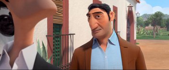 Movie still from “Ferdinand” (2017), directed by Carlos Saldanha – An animated man with a blue shirt and a brown jacket; Close Up shot, Over the shoulder angle