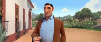 Movie still from “Ferdinand” (2017), directed by Carlos Saldanha – An animated man wearing a brown jacket and a blue shirt; Medium shot, Over the shoulder angle