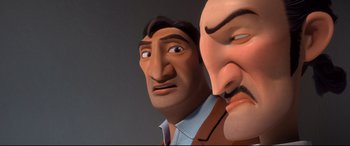 Movie still from “Ferdinand” (2017), directed by Carlos Saldanha – A cartoon of a man and a man with a mustache; Close Up shot, High angle