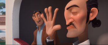 Movie still from “Ferdinand” (2017), directed by Carlos Saldanha – A cartoon of a man and a man with their hands up; Close Up shot, Over the shoulder angle